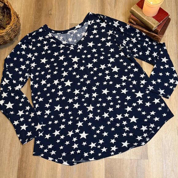 Womens Plus Size Navy and White Star Print Long Sleeve V-Neck Top - Picture 1 of 10
